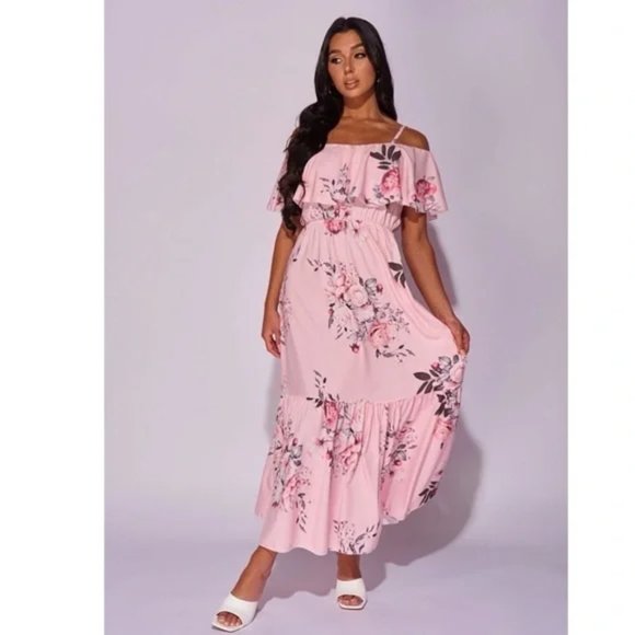 Pink Floral Print Cold Shoulder Short Sleeve Frill Detail Long Maxi Dress - Picture 10 of 11